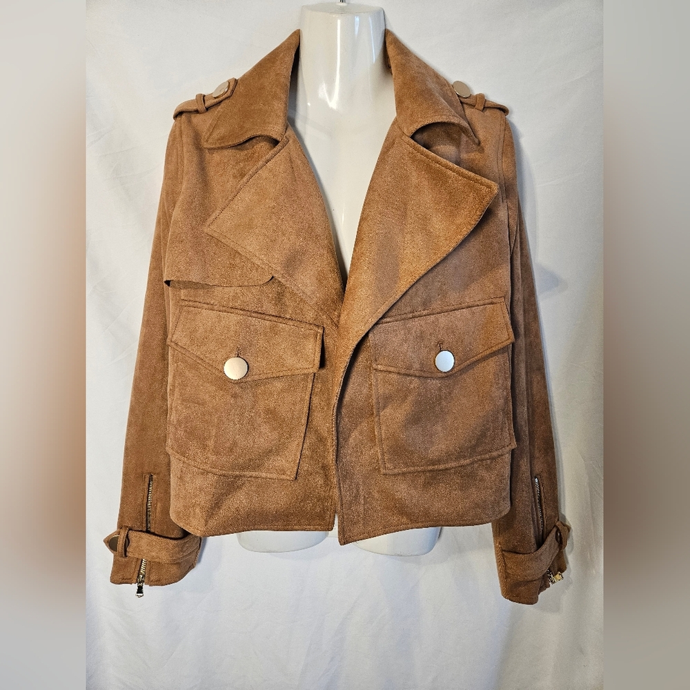Fate Camel Faux Suede Moto Jacket Large Gold Button Cropped Utility